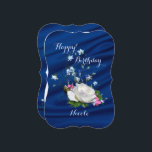 Happy Birthday White Rose, Daughter Custom Name Card<br><div class="desc">White roses, bluebells and pink posies bring a lovely natural touch to happy birthday greeting card for your daughter. The deep blue fabric drape background adds an elegant touch. Custom name on front and back text may be personalised in the template provided. May your life continue to bloom and grow....</div>