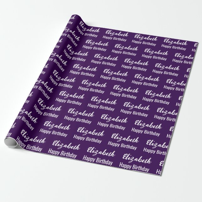 Happy Birthday White Script Name Dark Purple Wrapping Paper (Unrolled)