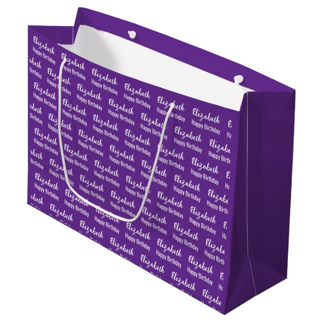 Happy Birthday White Script Name Royal Purple Large Gift Bag (Front Angled)