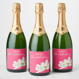Happy Birthday White Summer Artistic Flower Sparkling Wine Label