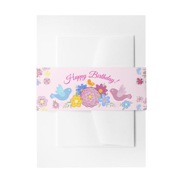 Happy Birthday Wild Flowers Garden Birds Pattern Invitation Belly Band (Front Example)