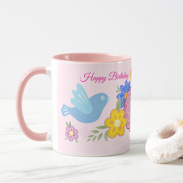 Happy Birthday Wild Flowers Garden Birds Pattern Mug (With Donut)
