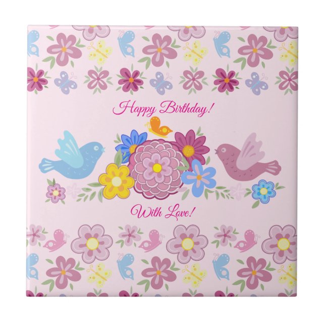 Happy Birthday Wild Flowers Garden Birds Pattern Tile (Front)