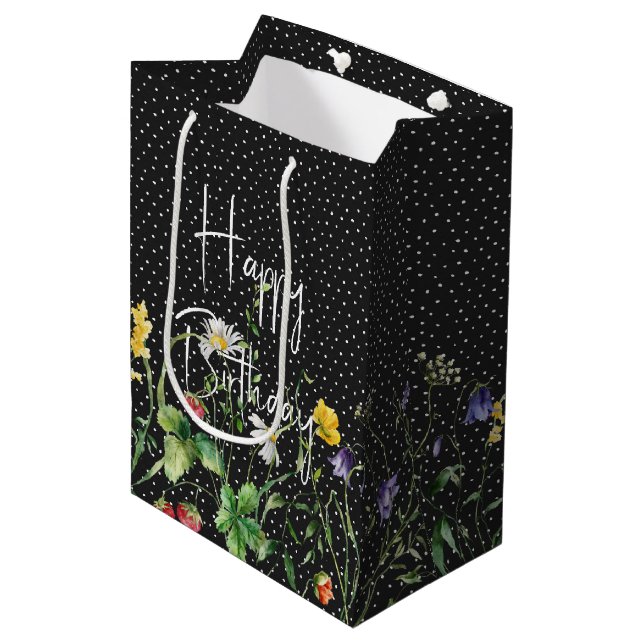 Happy Birthday Wildflowers On Polka Dots Medium Gift Bag (Front Angled)