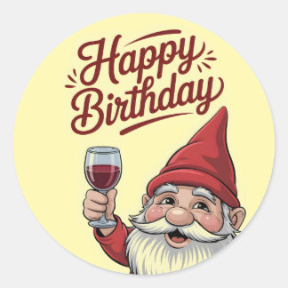 "Happy Birthday" Wine-Toasting Gnome Classic Round Sticker