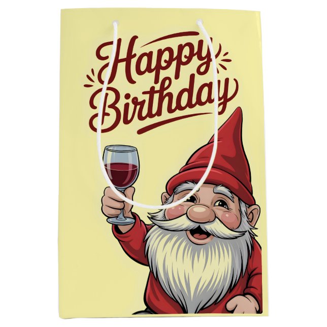 "Happy Birthday" Wine-Toasting Gnome Medium Gift Bag (Front)