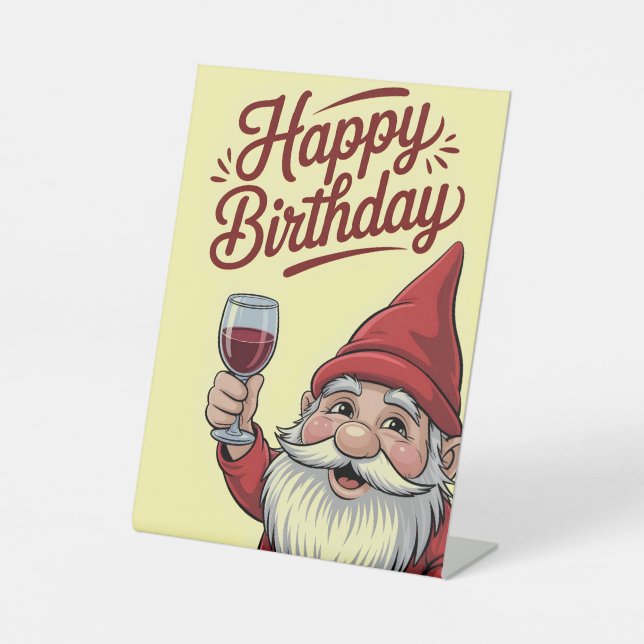"Happy Birthday" Wine-Toasting Gnome Pedestal Sign (Front)