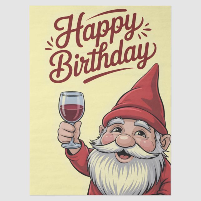 "Happy Birthday" Wine-Toasting Gnome Tissue Paper (Front)