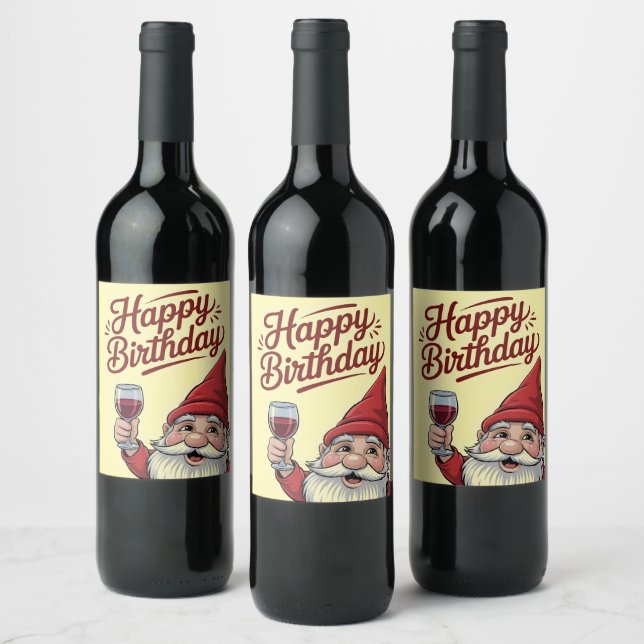 "Happy Birthday" Wine-Toasting Gnome Wine Label (Bottles)