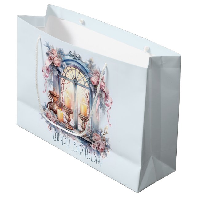  Happy Birthday Winter Blue Pink Victorian Window Large Gift Bag (Front Angled)