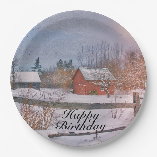 Happy Birthday Winter Scene Paper Plate (Front)