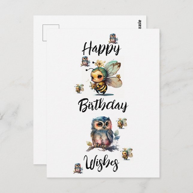 HAPPY BIRTHDAY WISHES Owls and Bees |  Postcard (Front/Back)