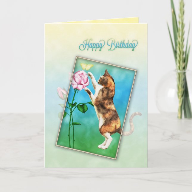 Happy Birthday with a playful cat Card (Front)