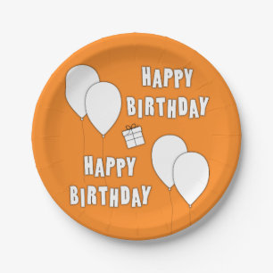 Happy Birthday With Balloons Orange Background Paper Plate