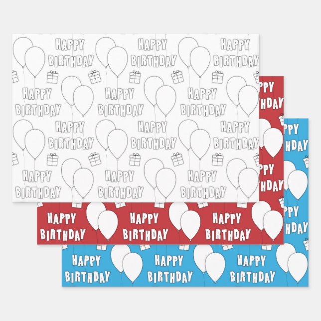 Happy Birthday With Balloons |  White Red Blue Wrapping Paper Sheet (Set)