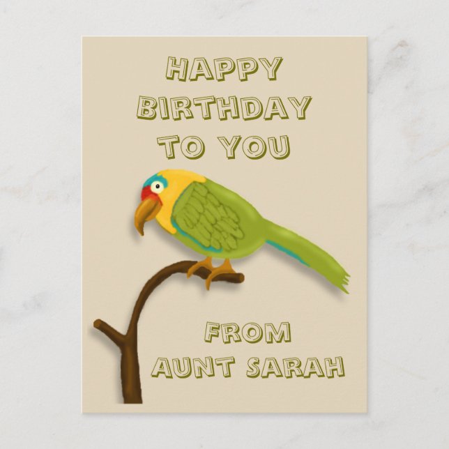 Happy Birthday, with Colourful Parrot on Perch Postcard (Front)