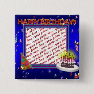 Happy Birthday With Confetti Photo Frame 15 Cm Square Badge