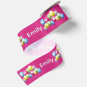 Happy Birthday with Custom Name and Balloons Satin Ribbon