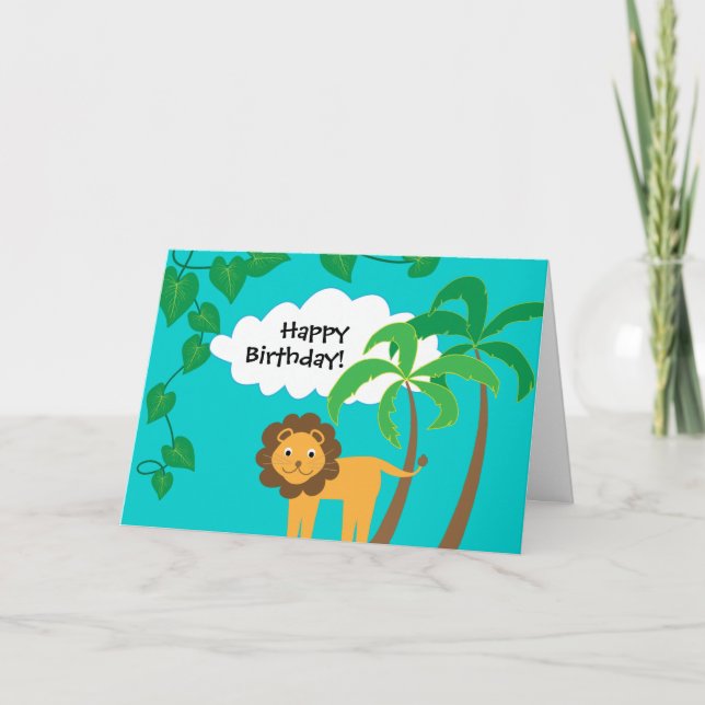 Happy Birthday with Cute Lion in Jungle Card (Front)