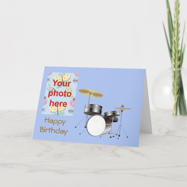 Happy Birthday with drum kit add your photo Card (Front)