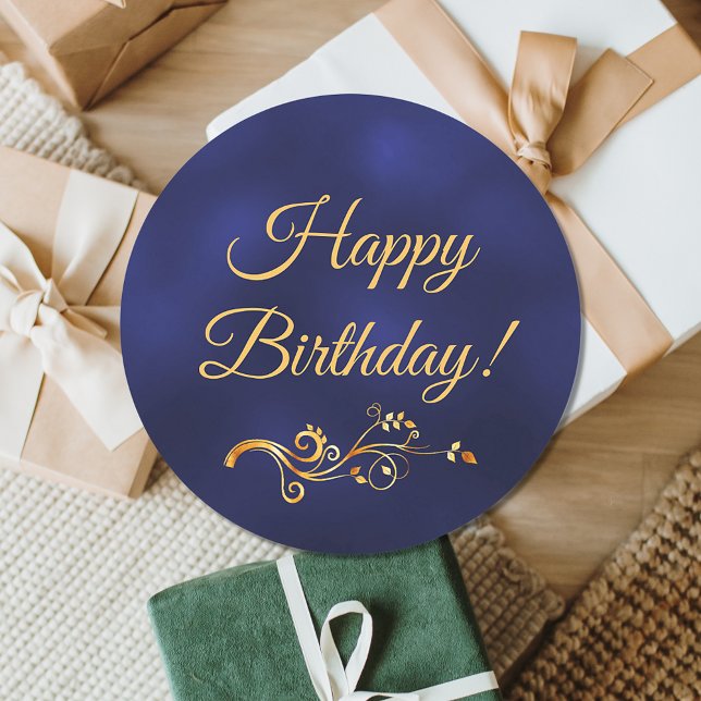 Happy Birthday with elegant blue and gold decor Classic Round Sticker (Creator Uploaded)