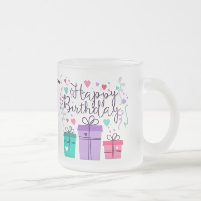 "Happy Birthday With Gift Boxes" - Customise Frosted Glass Coffee Mug (Right)