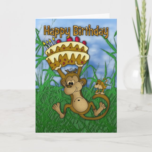 Happy Birthday with monkey holding cake Card (Front)