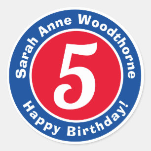 Happy Birthday with Name & Age 5 Classic Round Sticker