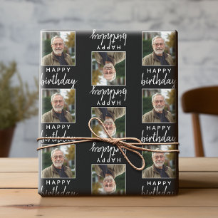 Happy Birthday with One Square Photo - black Wrapping Paper