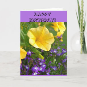 Happy Birthday with purple and yellow flowers. Card