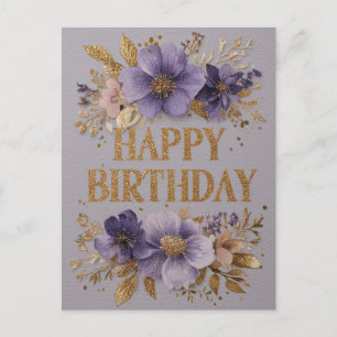 Happy Birthday with purple flowers and glitter Postcard
