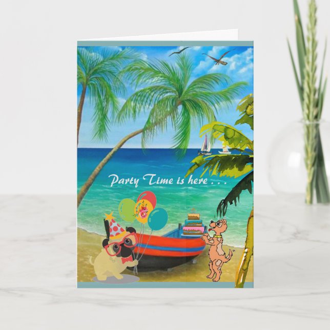 Happy Birthday with sand and palm trees Card (Front)