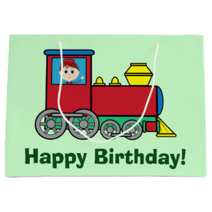 Happy Birthday with Train and Waving Boy Large Gift Bag