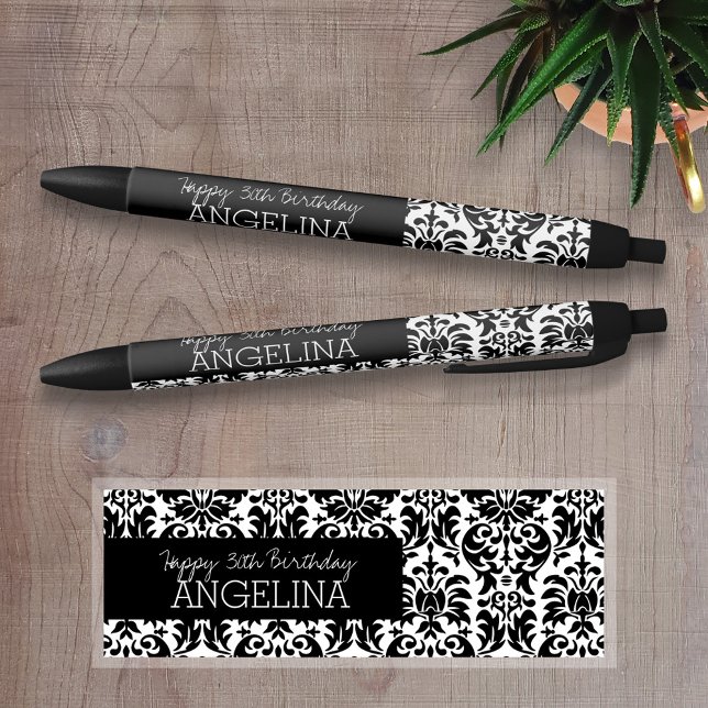 Happy Birthday with Trendy Black and White Damask Ink Pen (Personalized Pens)