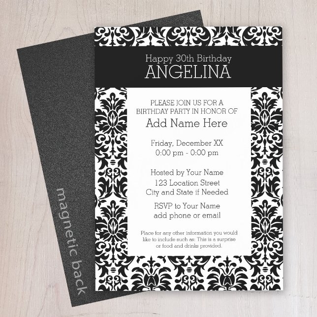 Happy Birthday with Trendy Black and White Damask Magnetic Invitation (Black lace birthday party invitation - magnetic back)