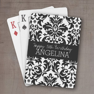 Happy Birthday with Trendy Black and White Damask Playing Cards