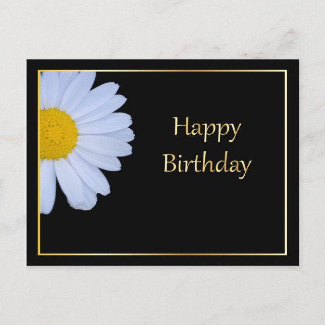 Happy Birthday with White Flower and Black Bkgrd Postcard (Front)
