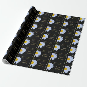 Happy Birthday with White Flower and Black Bkgrd Wrapping Paper