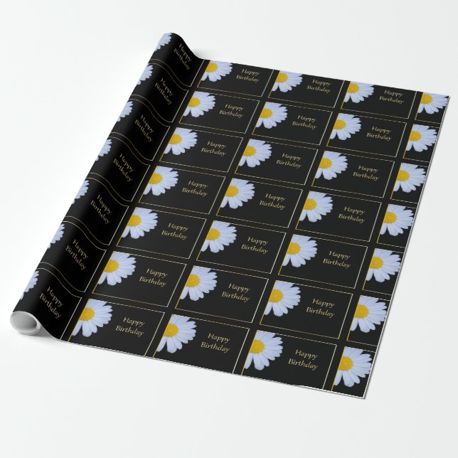 Happy Birthday with White Flower and Black Bkgrd Wrapping Paper (Unrolled)