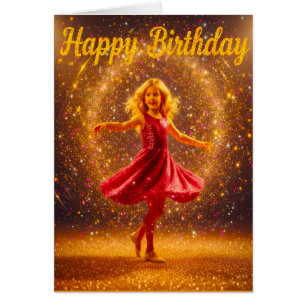 Happy Birthday with young dancing girl and glitter
