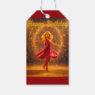 Happy Birthday with young dancing girl and glitter Gift Tags