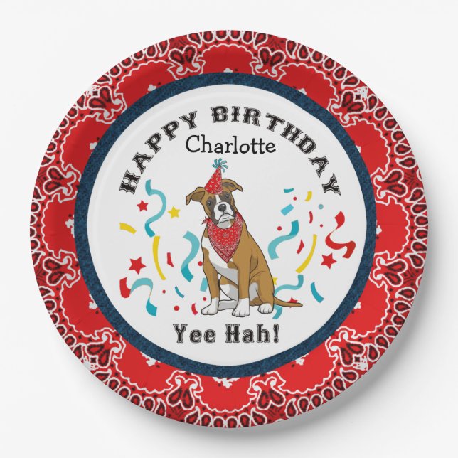 Happy Birthday with Your Boxer Dog in Red Bandana Paper Plate (Front)