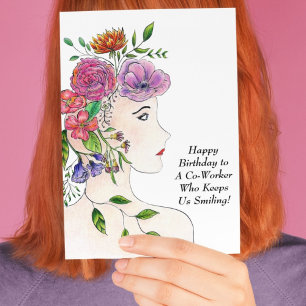 Happy Birthday Woman With Flowers Co-Worker Card