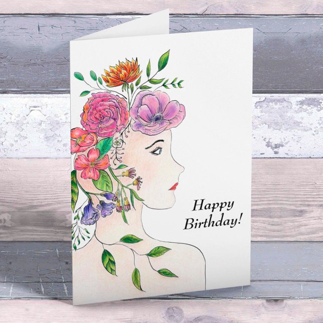 Happy Birthday Woman With Flowers Illustration Card (Creator Uploaded)