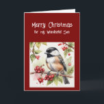 Happy Birthday Wonderful Son Chickadee Bird Holiday Card<br><div class="desc">Happy Birthday Wonderful Son with cute Chickadee bird eating rose hips</div>