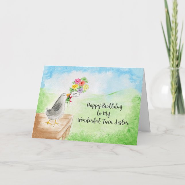 Happy Birthday Wonderful Twin Sister, Bird, Flower Card (Front)