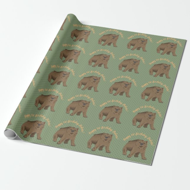 Happy Birthday Woodland Brown Bear Cub Wrapping Paper (Unrolled)