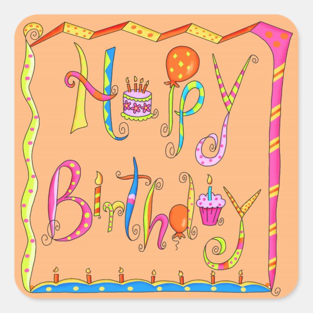 Happy Birthday Word Art Balloon Cake Sticker (Front)