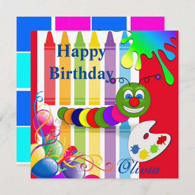 Happy Birthday Worm Card Invitation Balloons (Front/Back)