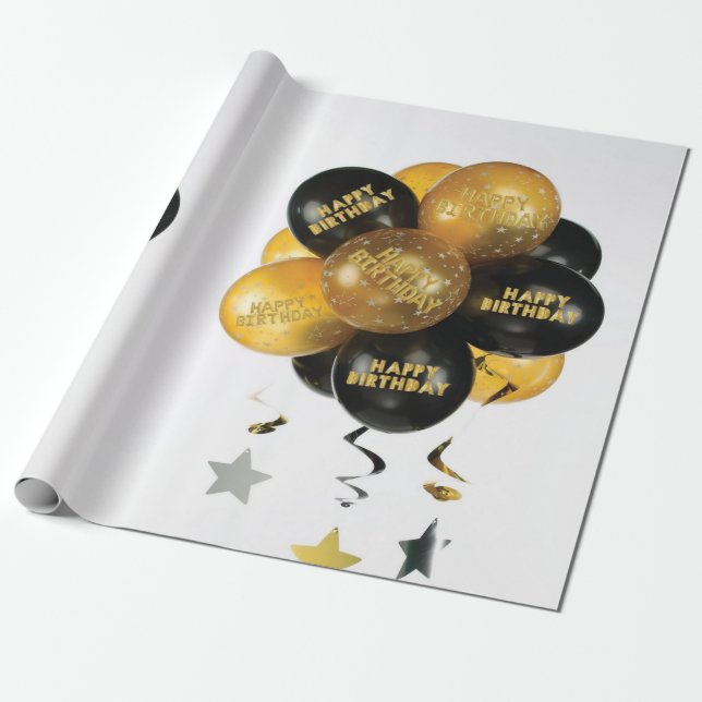 Happy Birthday Wrapping Paper Black Gold Balloons (Unrolled)